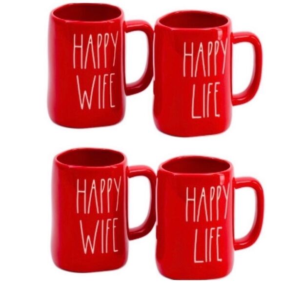 NWT Super Rare Rae Dun Happy Wife Happy Life 4 Pcs Red Mug Glossy Finish Set New - Picture 1 of 16